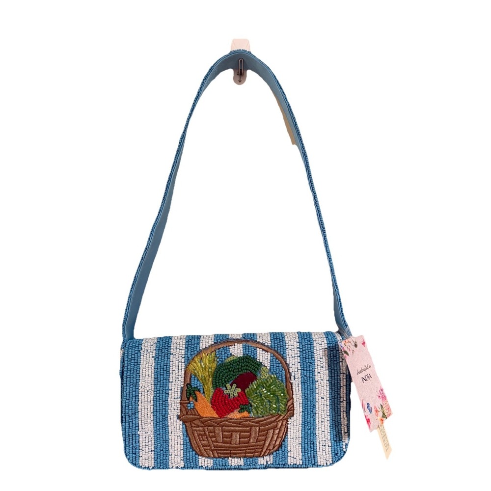 New Release Handcrafted in India Blue Striped Vegetable Beaded Bag Viral TikTok